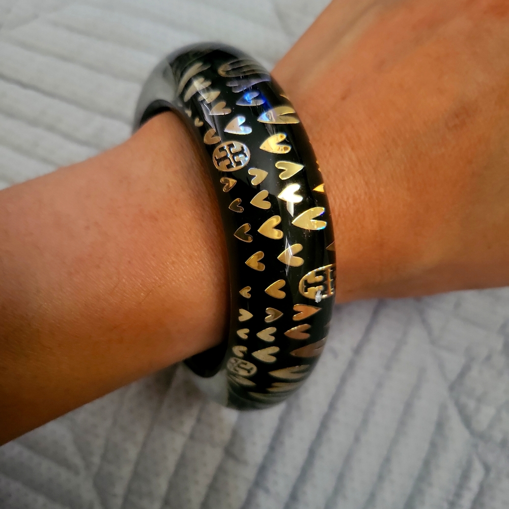 Tory Burch Black Bangle with Gold Heart and Logo